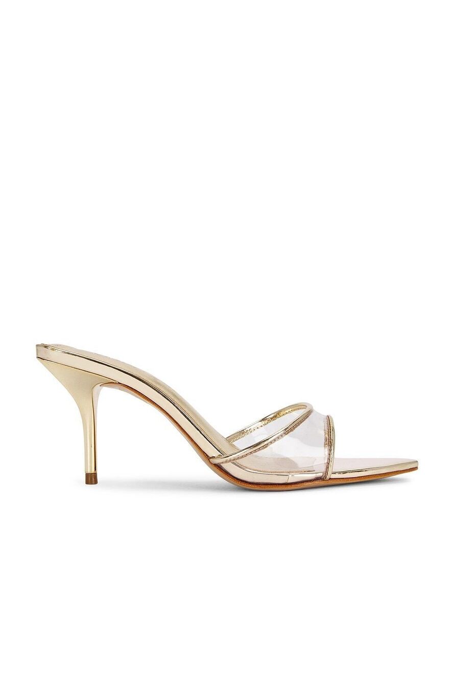 Schutz Elodie Vinyl Sandal in Platinum patent leather mid stiletto heel slip-on